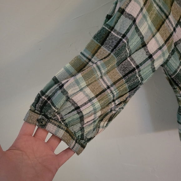 Free People Teagan Plaid Puff Sleeve Top in Teal Combo size Medium - Picture 7 of 8